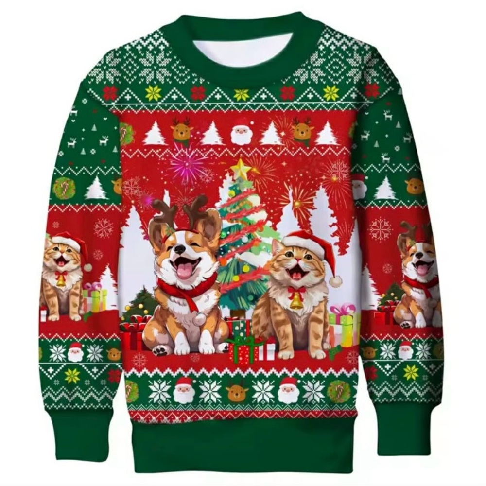 Holiday Pets Crewneck Sweatshirt - Green & Red UNISEX KIDS Christmas Pullover